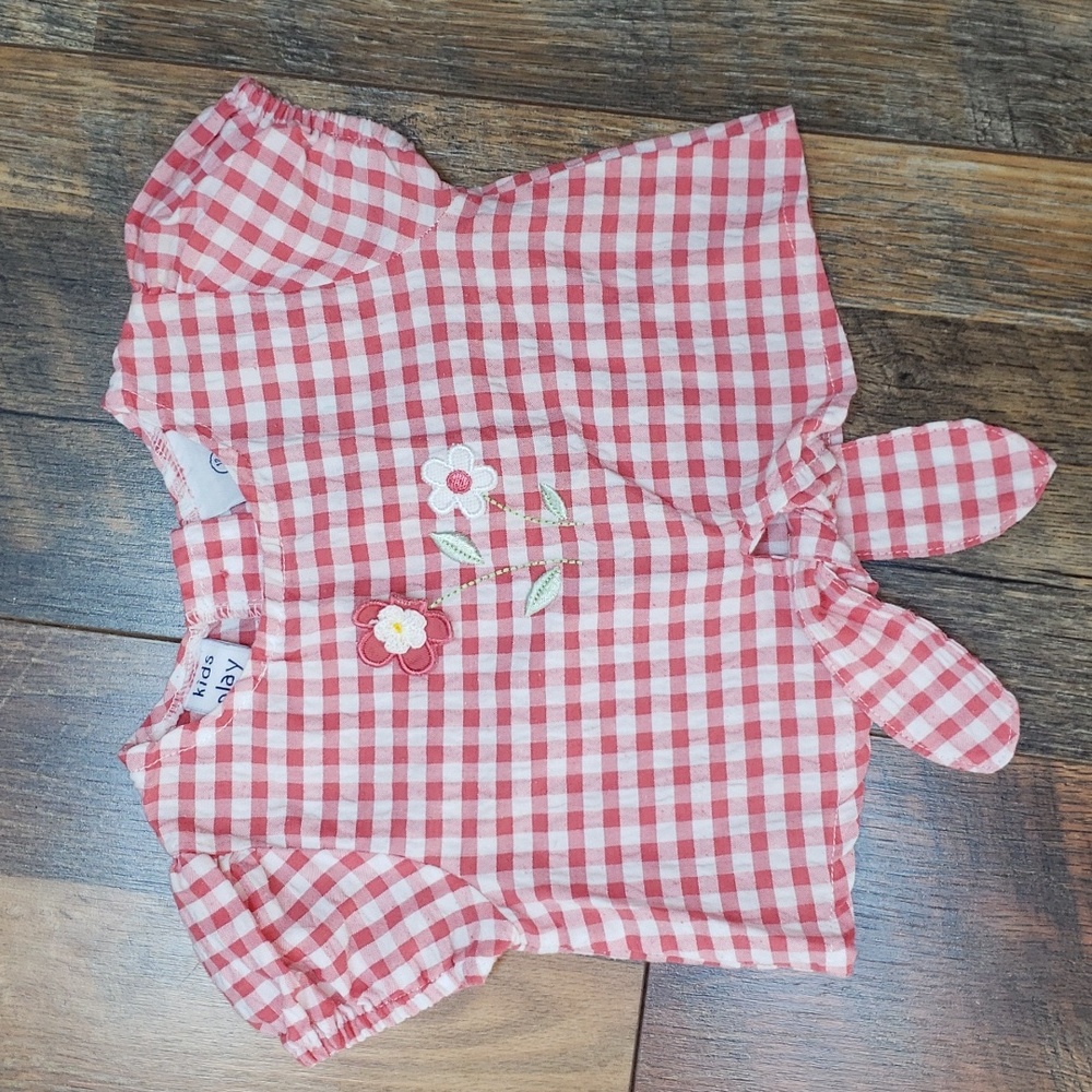 Kids Play Red and White Gingham Shirt with Floral Applique and Front Tie, 12M